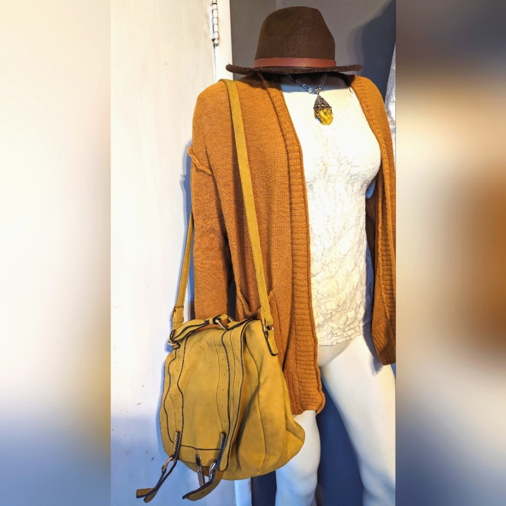 a n. a mustard colored cardigan spring knit sweater pockets lightweight medium